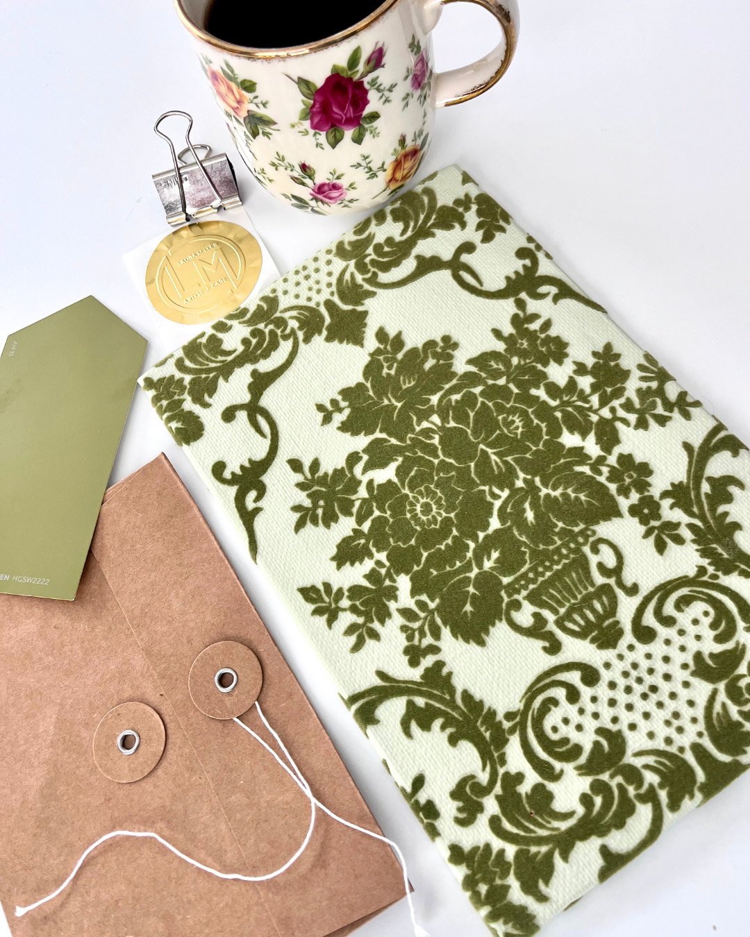 Handmade Fine Art Journal with Vintage Flocked Green Wallpaper